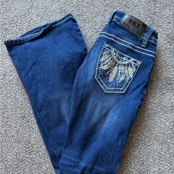 Sky Women's Dark Blue Flare Jeans with Feather Embellishment - Picture 1 of 7